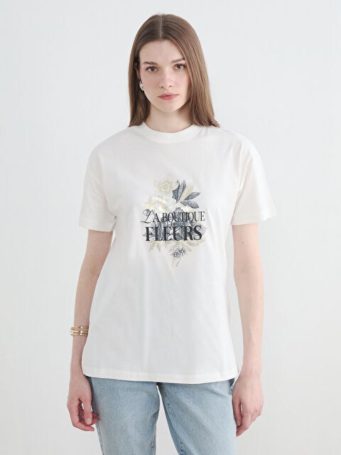 LCW Modest Bisiklet Yaka Baskılı Kadın Tişört