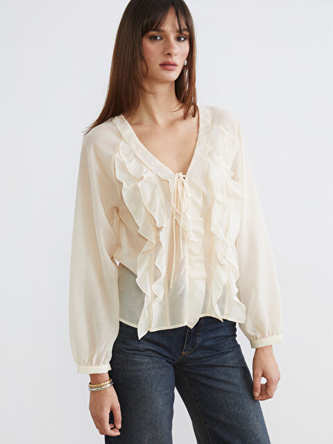 LCW Vision V Neck Frilled Chiffon Blouse - S6FV46Z8-FDJ