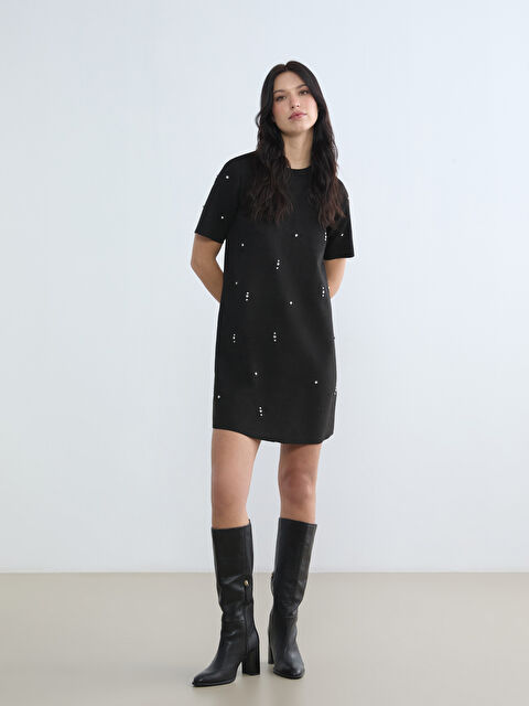 LCW Comfort Bisiklet Yaka Taşlı Mini Elbise - S6FV82Z8-CVL