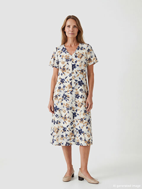 LCW Grace V Yaka Çiçekli Poplin Elbise - S6G088Z8-LRA