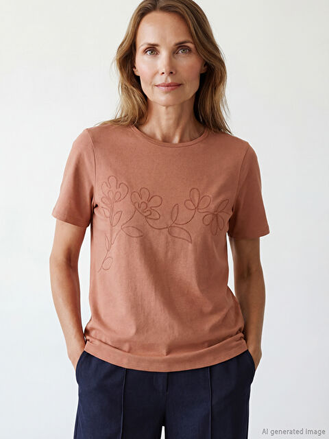 LCW Grace Ženska majica sa okruglim izrezom i vezom - S6G089Z8-KBV