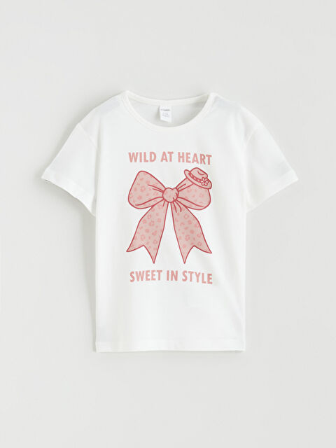 LCW ECO Bisiklet Yaka Fiyonk Baskılı Kız Çocuk Tişört - S6G383Z1-R9J