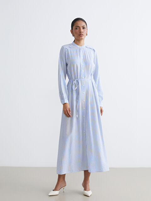 LCW EVERYDAY Grandad Collar Striped Shirt Dress - S6G484Z8-LEN