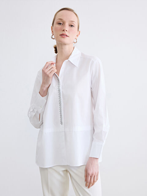 LCWAIKIKI Classic Taşlı Oversize Poplin Kadın Gömlek - S6G504Z8-Q6K