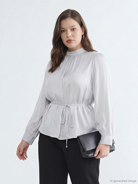 LCW STUDIO Биік жағалы, белдікпен байланатын және бүрмелі блузка - S6G510Z8-G6V