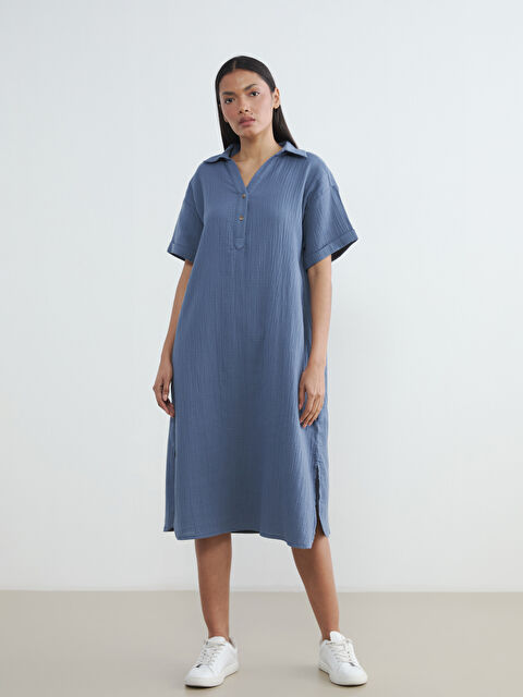 LCWAIKIKI Classic Gömlek Yaka Dokulu Oversize Müslin Elbise - S6G563Z8-ZU2