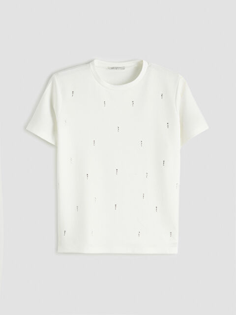 LCW Comfort Bisiklet Yaka Taşlı Kadın Tişört - S6G823Z8-R9J