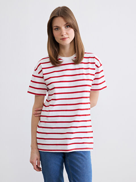 LCW Comfort Bisiklet Yaka Çizgili Kadın Tişört	 - S6G824Z8-LJE