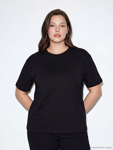 LCW Comfort Bisiklet Yaka Taşlı Soft Touch Kadın Tişört	 - S6G828Z8-CVL