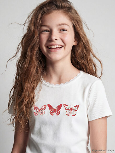 LCW Kids Bisiklet Yaka Baskılı Kız Çocuk Tişört - S6GC41Z4-R9J