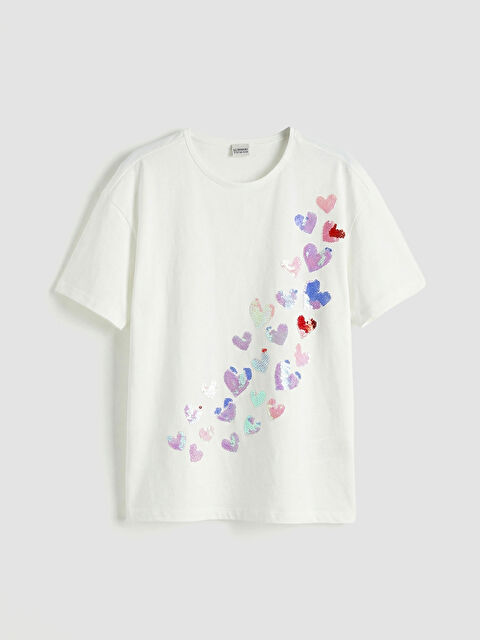 LCW Kids Payetli Kalp Desenli Kız Çocuk Tişört - S6GC45Z4-R9J