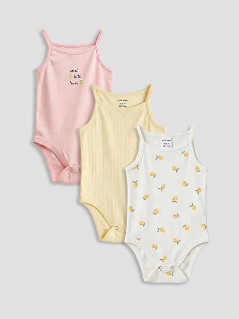 LCW baby بدلة جسم مطبوعة للبنات الصغيرات بأزرار كبس - عبوة من 3 قطع