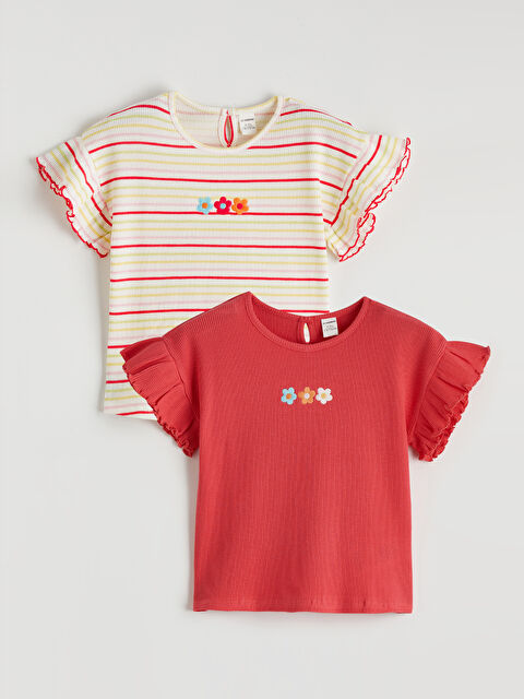 LCW Kids  Bisiklet Yaka Nakışlı Kız Çocuk Tişört 2'li - S6GO16Z1-H3S