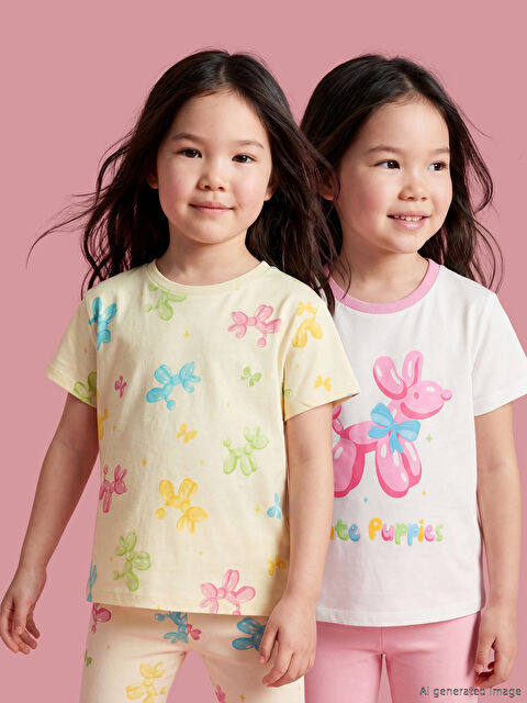 LCW Kids تیشێرتی قۆڵ خڕ چاپکراوی کچان ٢ دانە