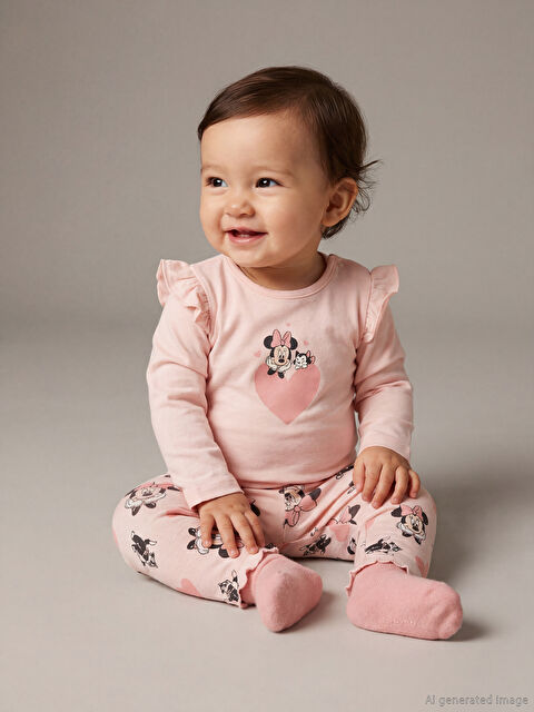 LCW baby Bisiklet Yaka Minnie Mouse Baskılı Kız Bebek Çıtçıtlı Body ve Tayt - S6GQ34Z1-QWK