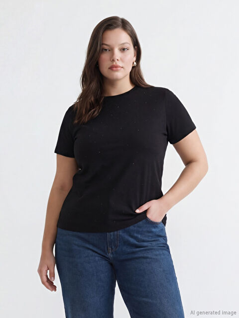 LCW Modest Bisiklet Yaka Taşlı Kadın Tişört - S6GS89Z8-CVL