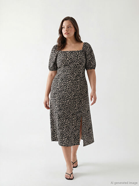 LCW Comfort Kare Yaka Balon Kollu Belden Oturtmalı Elbise