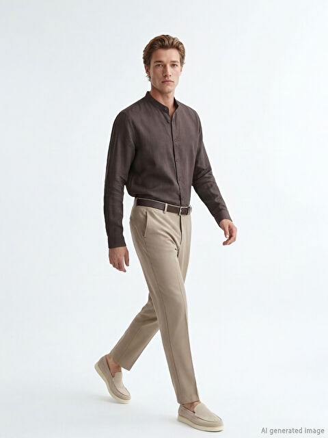 SOUTHBLUE Cămașă bărbătească cu guler bandă, aspect de in