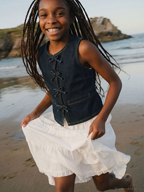 LCW Girls Studio Fiyonk Detaylı Kız Çocuk Jean Yelek