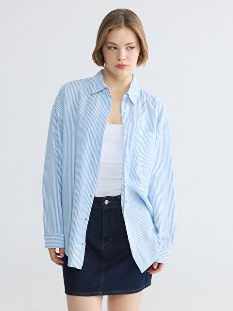 XSIDE Çizgili Oversize Keten Karışımlı Kadın Gömlek