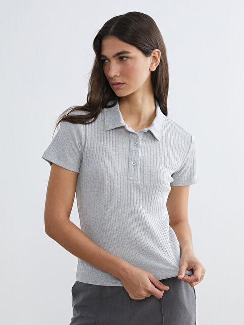 LCW ECO Polo Yaka Çizgili Kadın Tişört - S6H239Z8-CT3