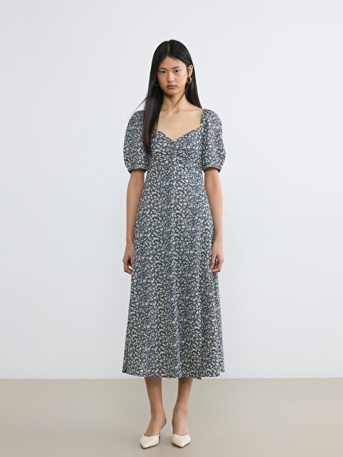 LCW Vision Sweetheart Neckline Puff Sleeve Floral Dress