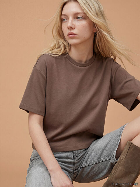 XSIDE Bisiklet Yaka Soft Touch Oversize Kadın Tişört - S6H617Z8-PS7