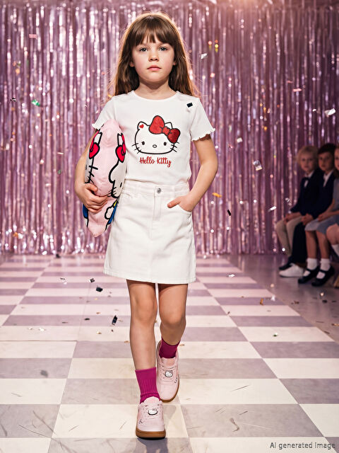 LCW Kids Hello Kitty Baskılı Kız Çocuk Fitilli Tişört