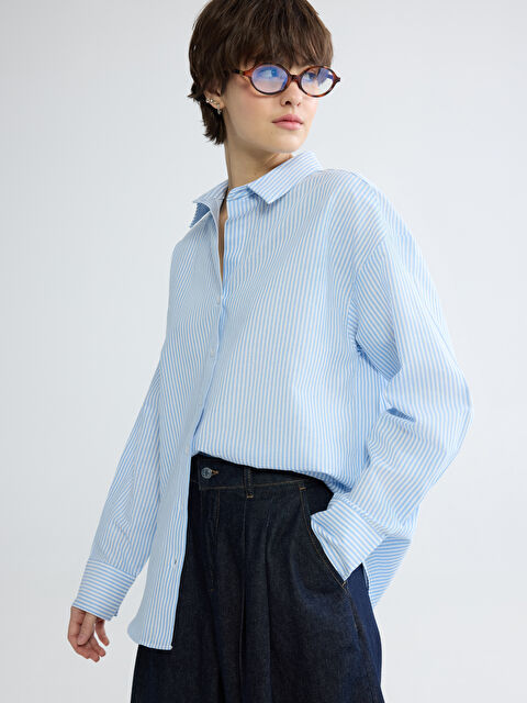 XSIDE Çizgili Oversize Poplin Kadın Gömlek - S6H702Z8-LEH