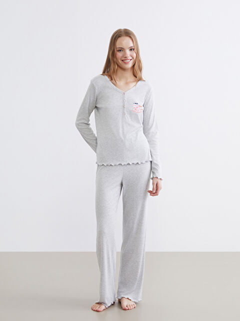 LCW Young V Yaka Nakışlı Kadın Pijama Takımı - S6H741Z8-CT3