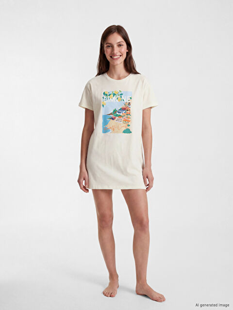 LCW DREAM Bisiklet Yaka Baskılı Kadın Gecelik