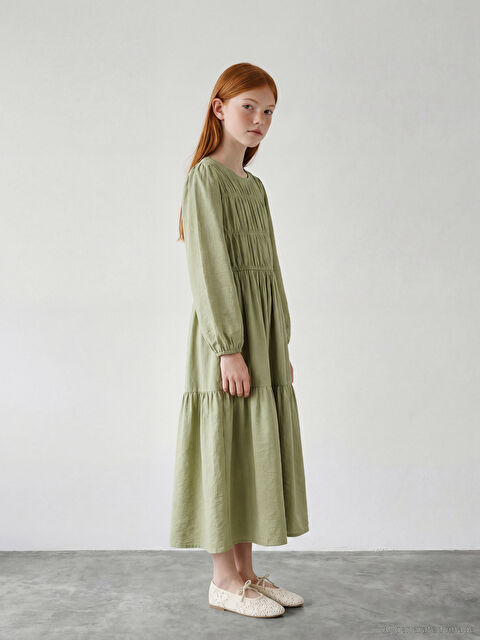 LCW Girls Studio Bisiklet Yaka Büzgülü Kız Çocuk Elbise - S6HA96Z4-FLD