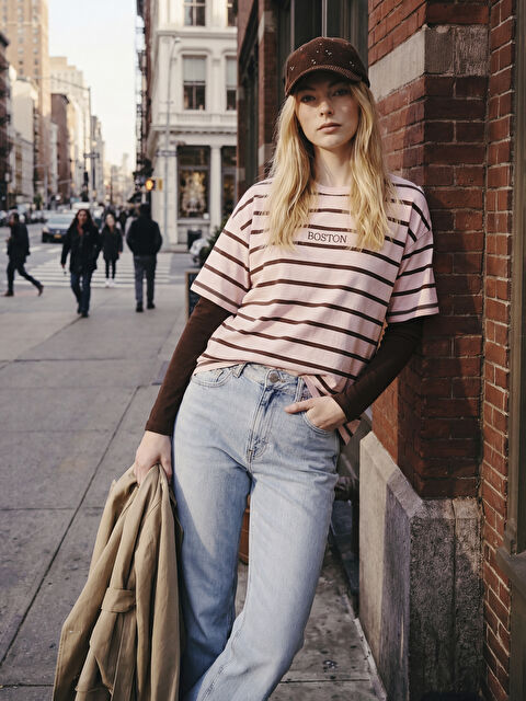 XSIDE Boston Baskılı Oversize Kadın Tişört - S6HC62Z8-LHF