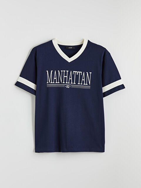 XSIDE V Yaka Manhattan Baskılı Oversize Kadın Tişört - S6HC63Z8-CRP