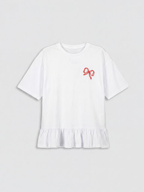 LCW Kids Fiyonk Baskılı Fırfırlı Kız Çocuk Tişört