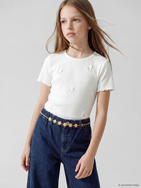 LCW Kids Nakışlı Kız Çocuk Fitilli Tişört