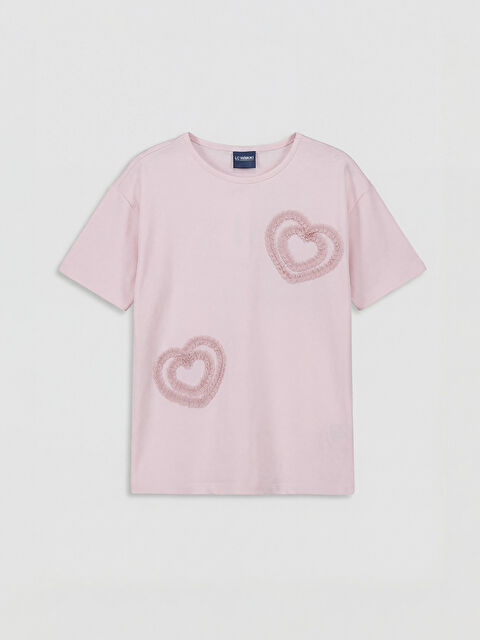 LCW Kids Bisiklet Yaka Nakışlı Kız Çocuk Tişört