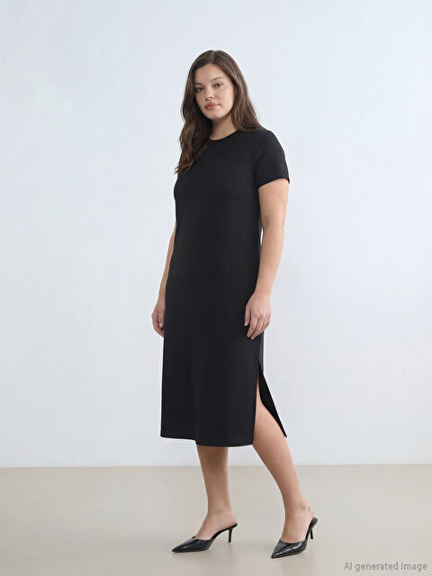 LCW Comfort Bisiklet Yaka Yırtmaçlı Elbise