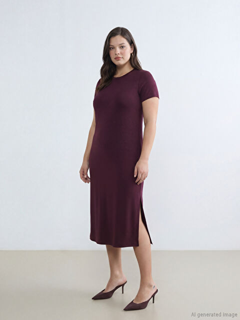 LCW Comfort Bisiklet Yaka Yırtmaçlı Elbise