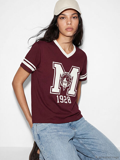 XSIDE V Yaka Mickey Mouse Baskılı Oversize Kadın Tişört - S6HD96Z8-ZHP