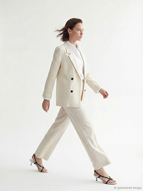 LCWAIKIKI Classic Beli Lastikli Çizgili Keten Karışımlı Kadın Pantolon - S6HM47Z8-LEG