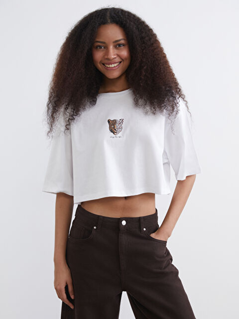 LCW ECO Bisiklet Yaka Leopar Baskılı Oversize Kadın Crop - S6HQ83Z8-J5E