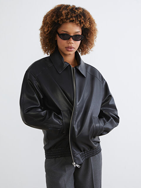 XSIDE Gömlek Yaka Oversize Kadın Deri Görünümlü Ceket - S6HR65Z8-CVL