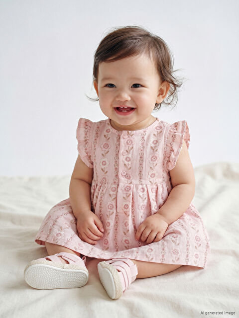 LCW baby Çiçek Desenli Fırfırlı Kız Bebek Müslin Elbise