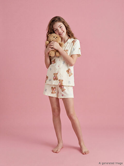 LCW Kids Gömlek Yaka Baskılı Kız Çocuk Şortlu Pijama Takım