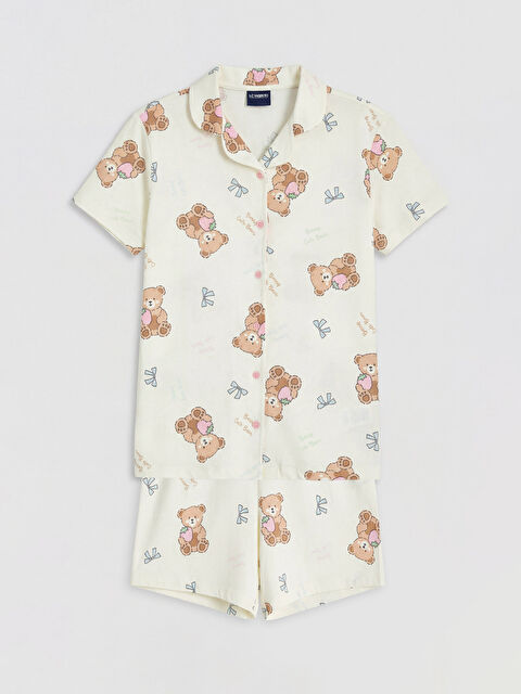 LCW Kids Gömlek Yaka Baskılı Kız Çocuk Şortlu Pijama Takım