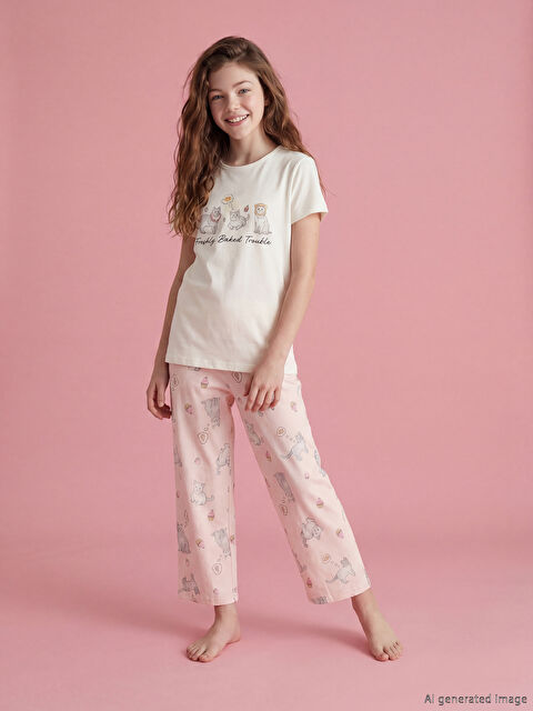 LCW Kids طقم بيجاما بناتي مطبوع بياقة دائرية