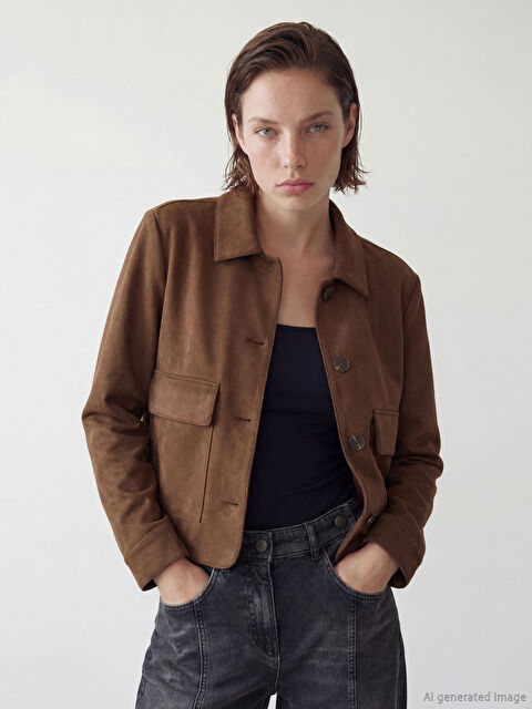 LCWAIKIKI Classic Gömlek Yaka Kadın Süet Görünümlü Ceket - S6IC14Z8-CRR