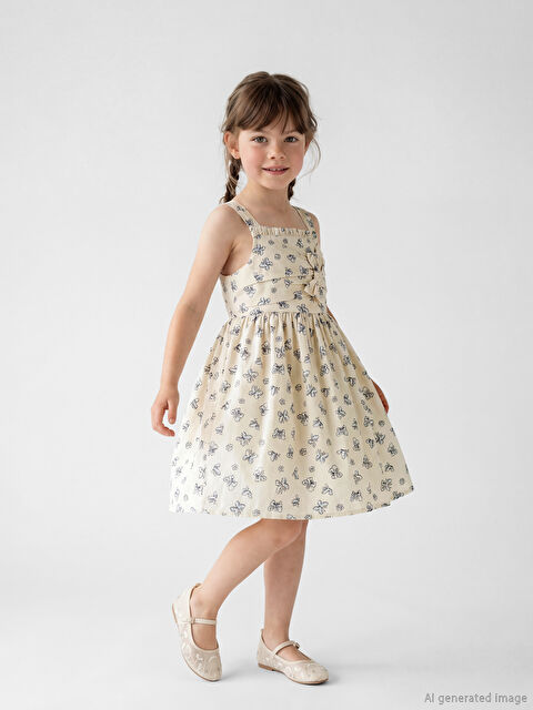 LCW Kids Kare Yaka Fiyonklu Kız Çocuk Elbise