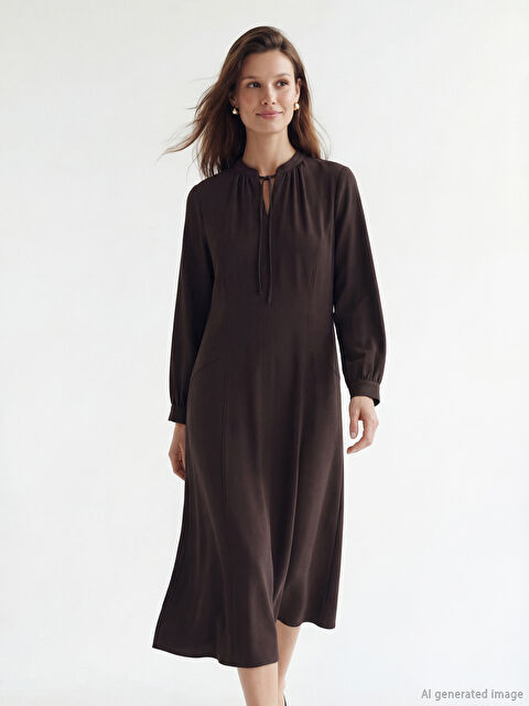 LCW Modest Bağlama Yaka Büzgülü Krep Elbise - S6IE89Z8-ZRR